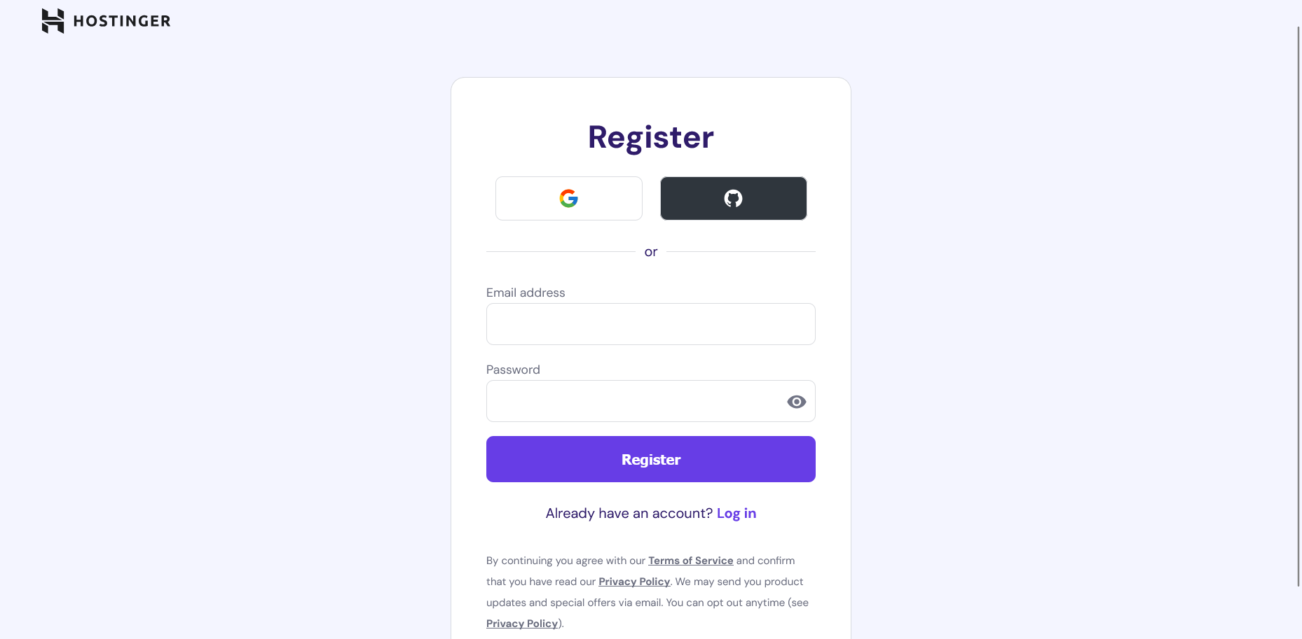 Registreringsskjerm for Hostinger Agents med alternativer for Google GitHub og e-postregistrering