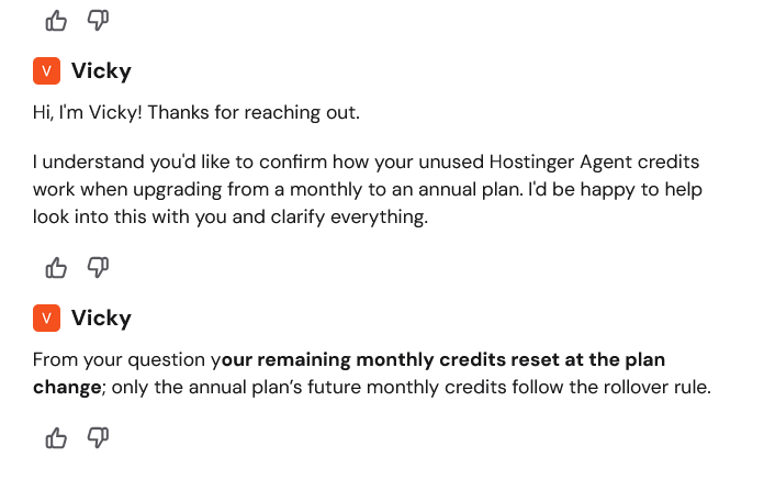 Menneskelig supportagent hos Hostinger bekrefter retningslinjene for kreditt-nullstilling for Agents