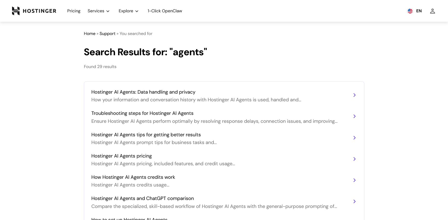 Hostinger kunnskapsbase-søkeresultater for Agents-supportartikler