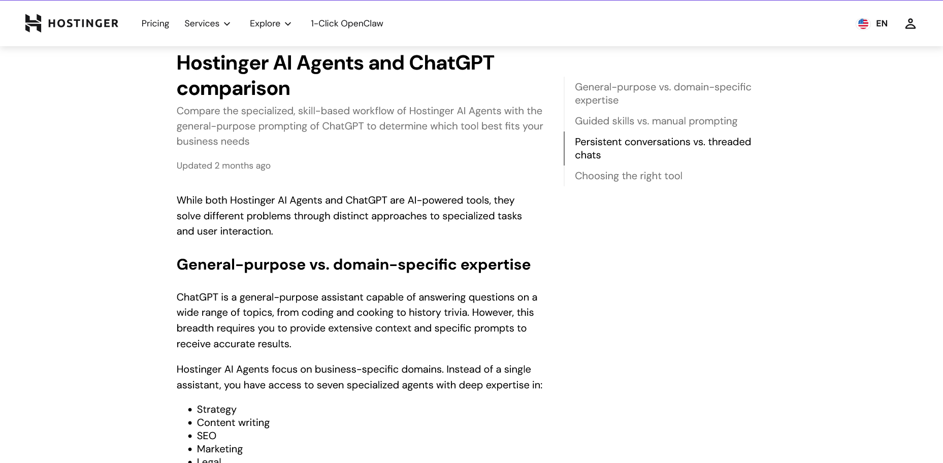 Hostinger kunnskapsbaseartikkel som sammenligner Hostinger Agents og ChatGPT