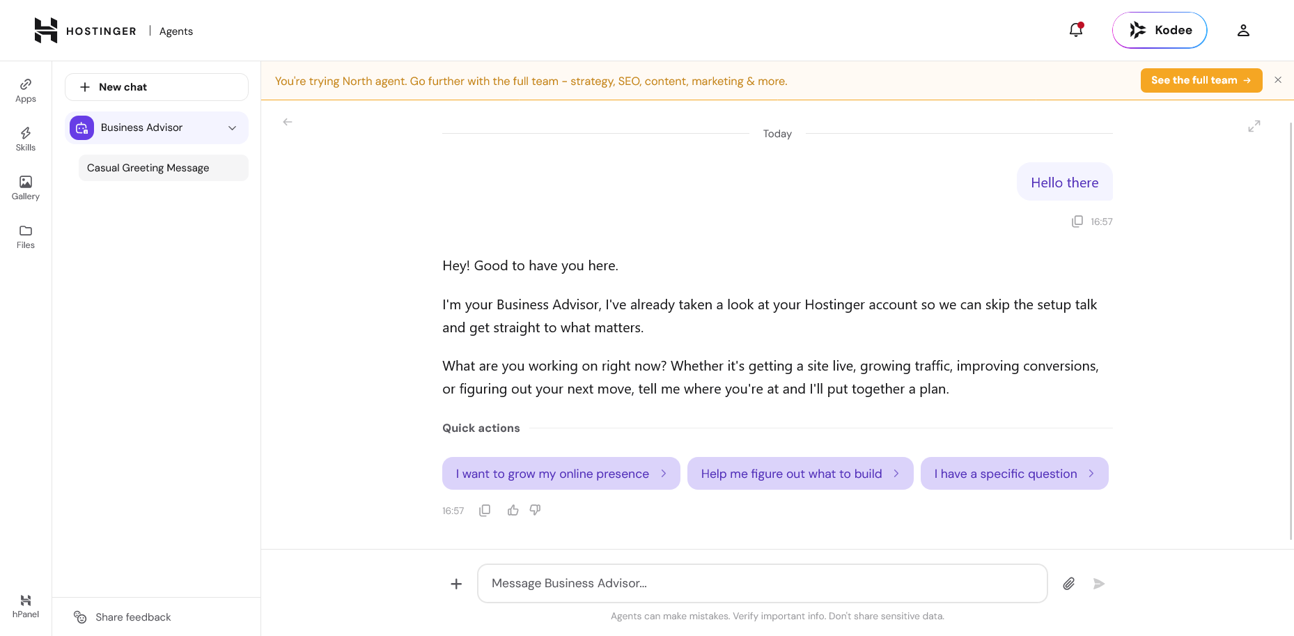 Hostinger Agents gratis prøveperiode onboarding med Atlas-agenten