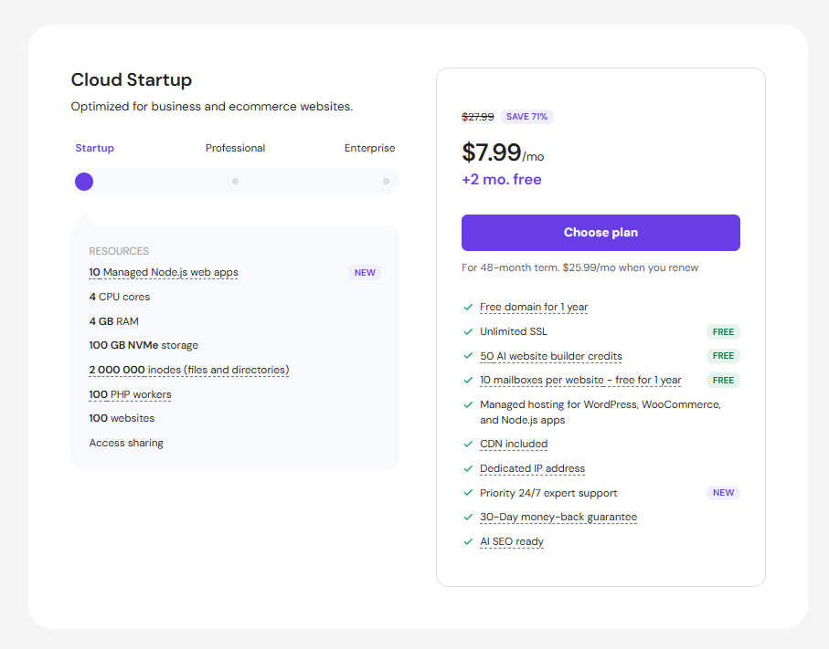 Hostinger Cloud Startup-prissättning
