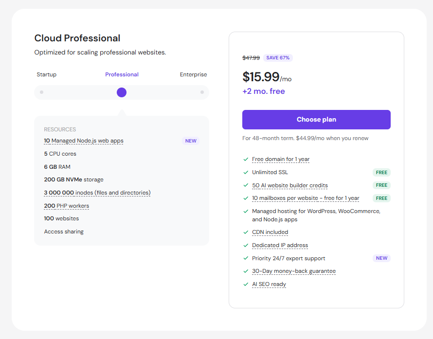Hostinger Cloud Professional-prissättning
