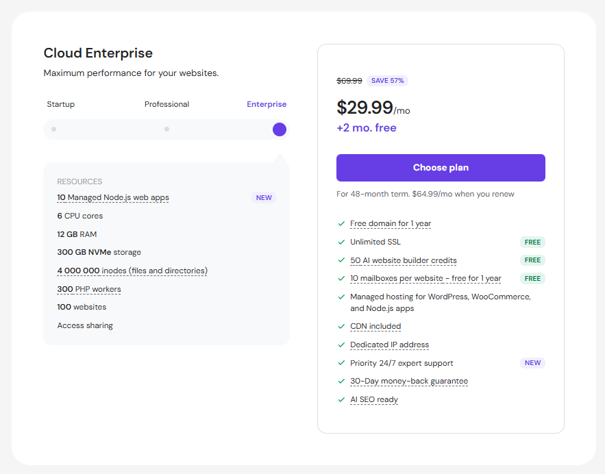 Hostinger Cloud Enterprise-prissättning