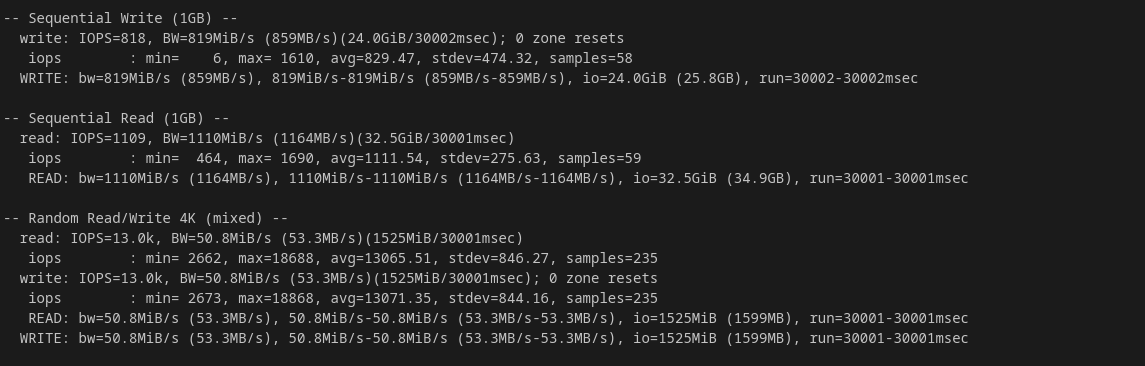screenshot hasil pengujian Kecepatan Memori Hostinger (Random 4K Mixed Read/Write)