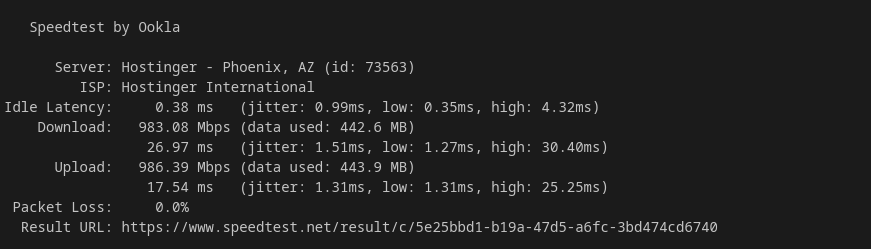 screenshot hasil pengujian Kecepatan Jaringan Hostinger