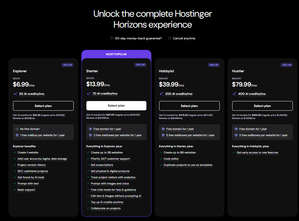 Hostinger Horizons Pricing Page