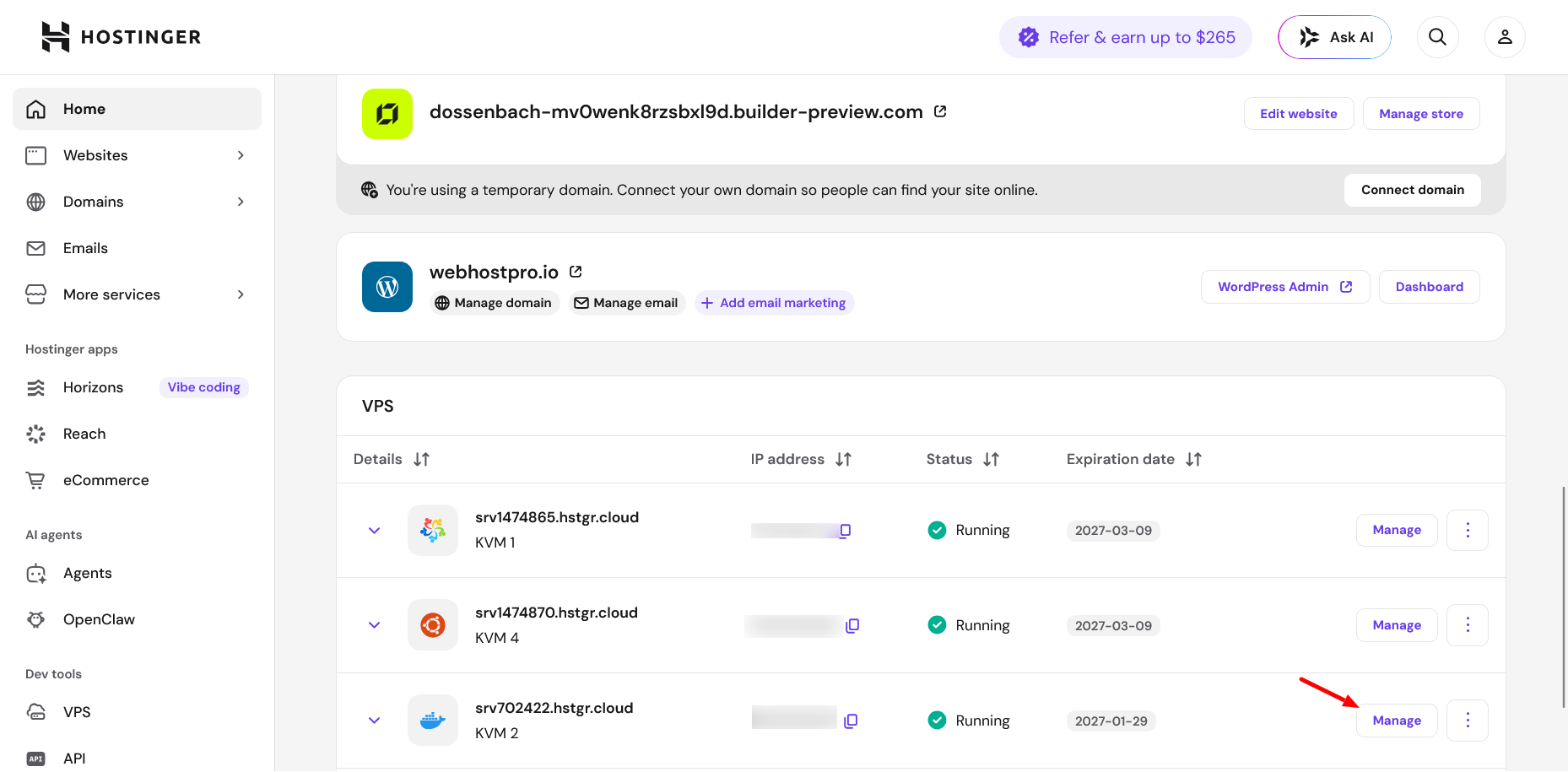 Hostinger VPS pregledna stranica za Paperclip server