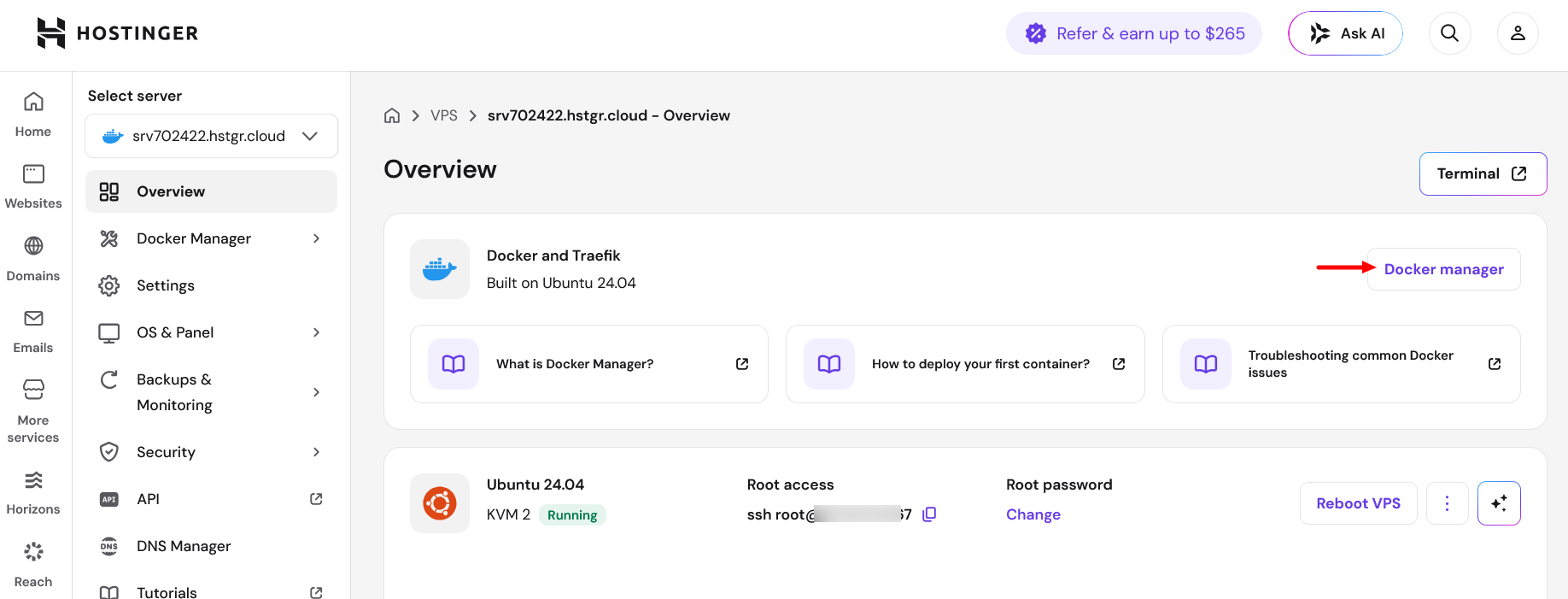 Hostinger Docker and Traefik kartica na VPS pregledu