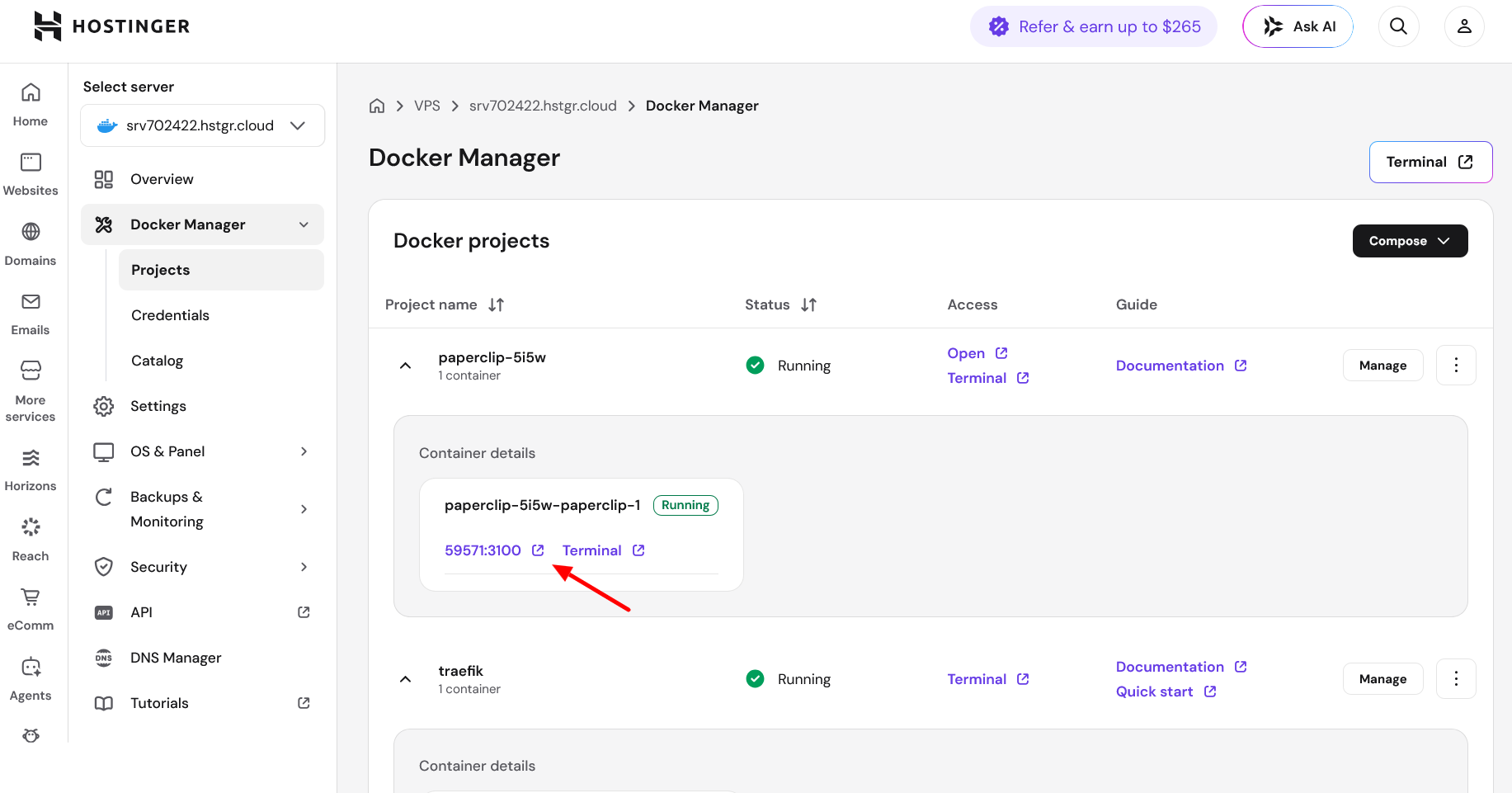 Hostinger Docker Manager prikazuje Paperclip i Traefik kontejnere