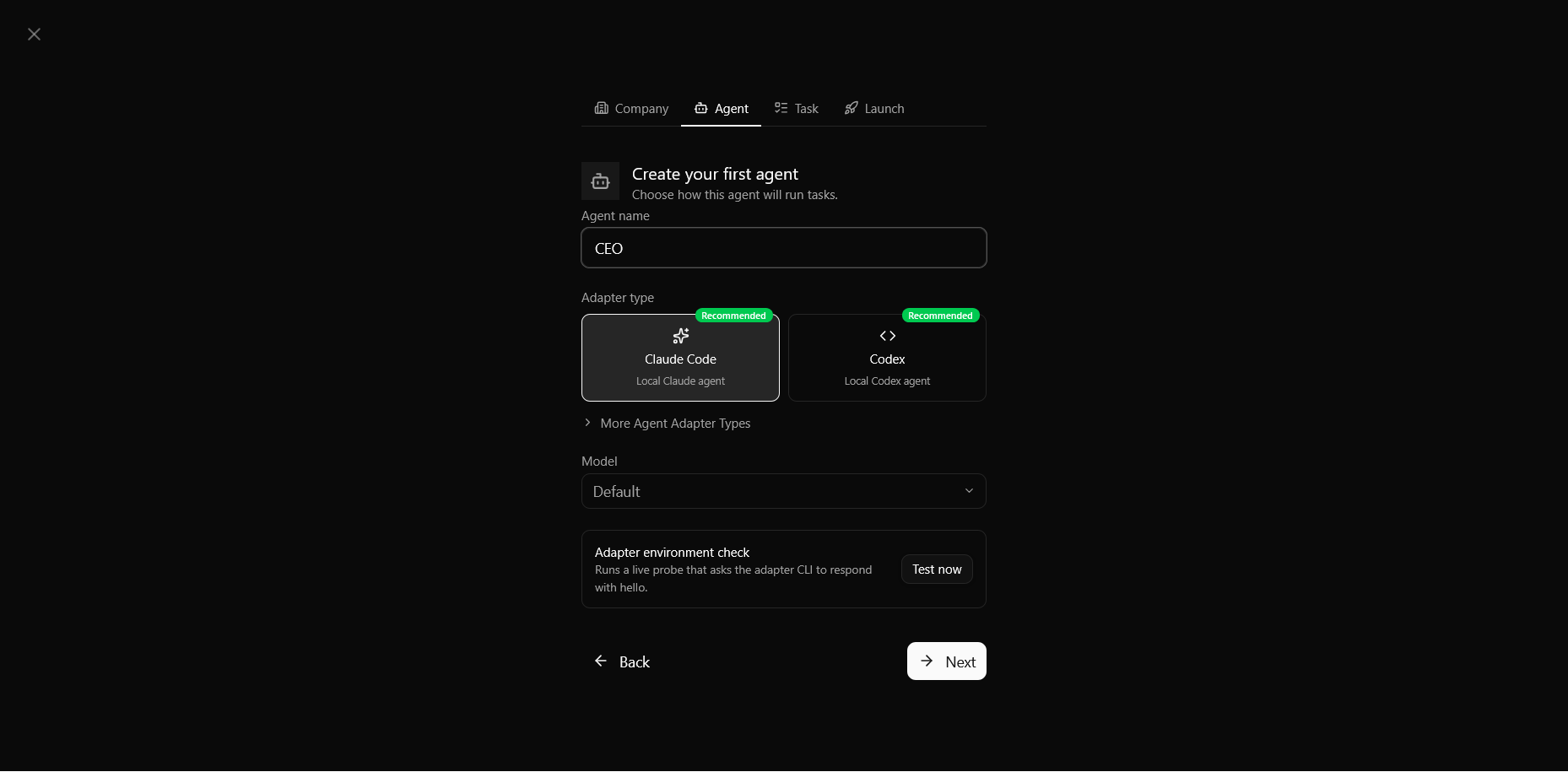 Paperclip onboarding ekran za podešavanje agenta sa opcijom Claude Code