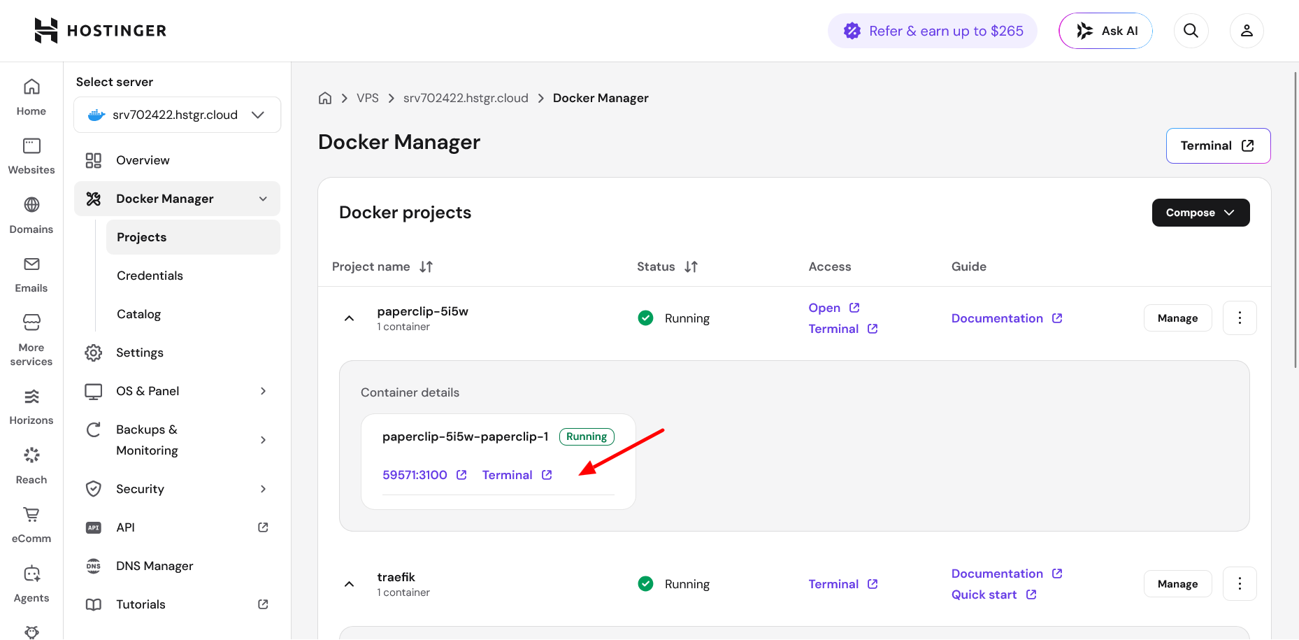 Pristup terminalu Hostinger Docker Manager-a za Paperclip kontejner