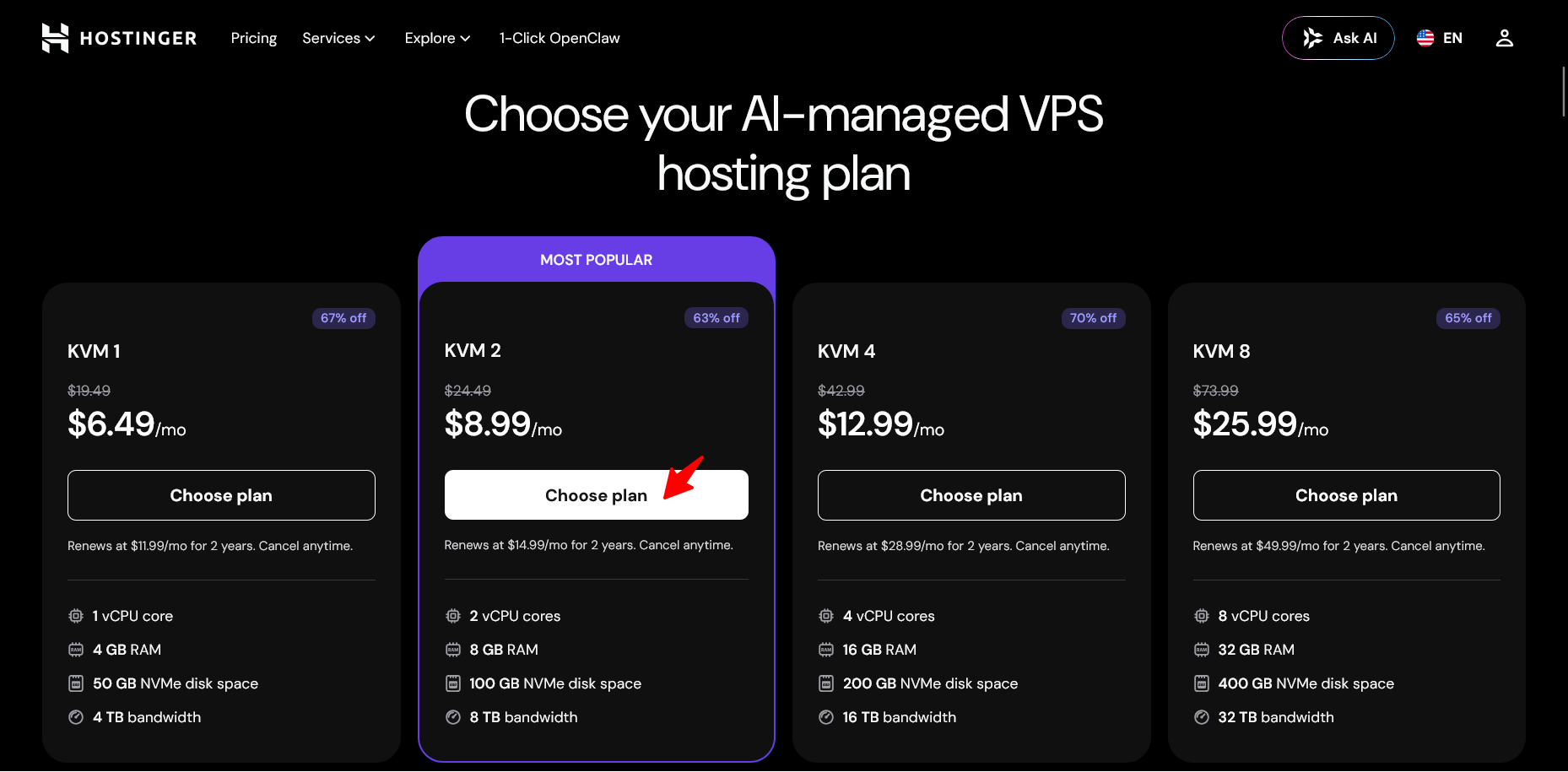 Hostinger KVM VPS tabela za poređenje planova