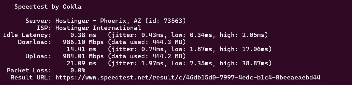 Hostinger KVM 2 Ookla rezultati testa mrežne brzine