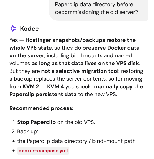 Kodee AI podrška odgovor o nadgledanju Paperclip VPS-a