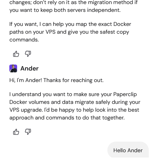 Hostinger chat podrške sa Ander-om za migraciju Docker volumena