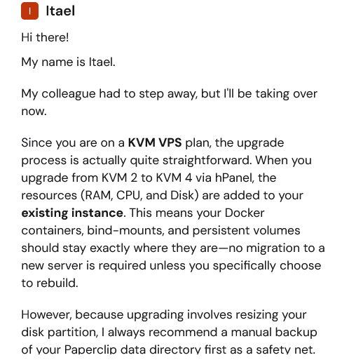 Hostinger odgovor podrške o nadogradnji VPS-a na postojećoj instanci