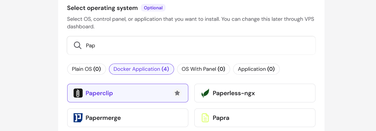 Hostinger selektor OS-a i aplikacije koji prikazuje Paperclip