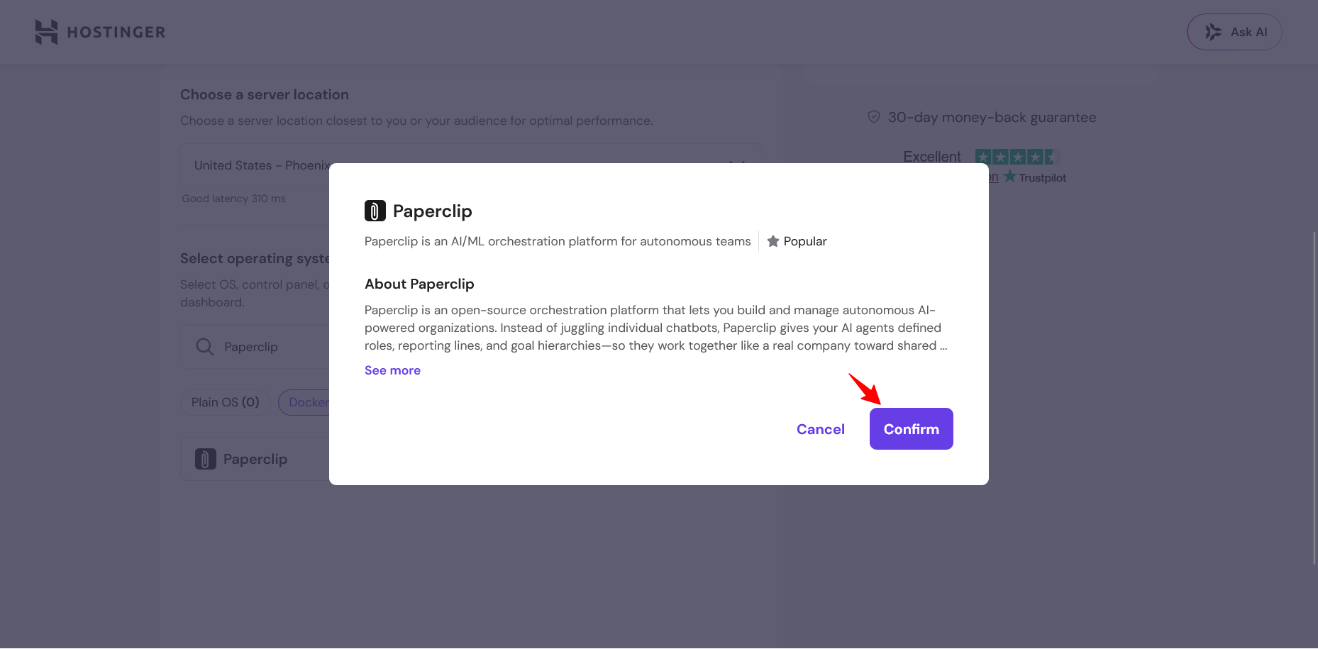 Hostinger modal za potvrdu Paperclip Docker aplikacije
