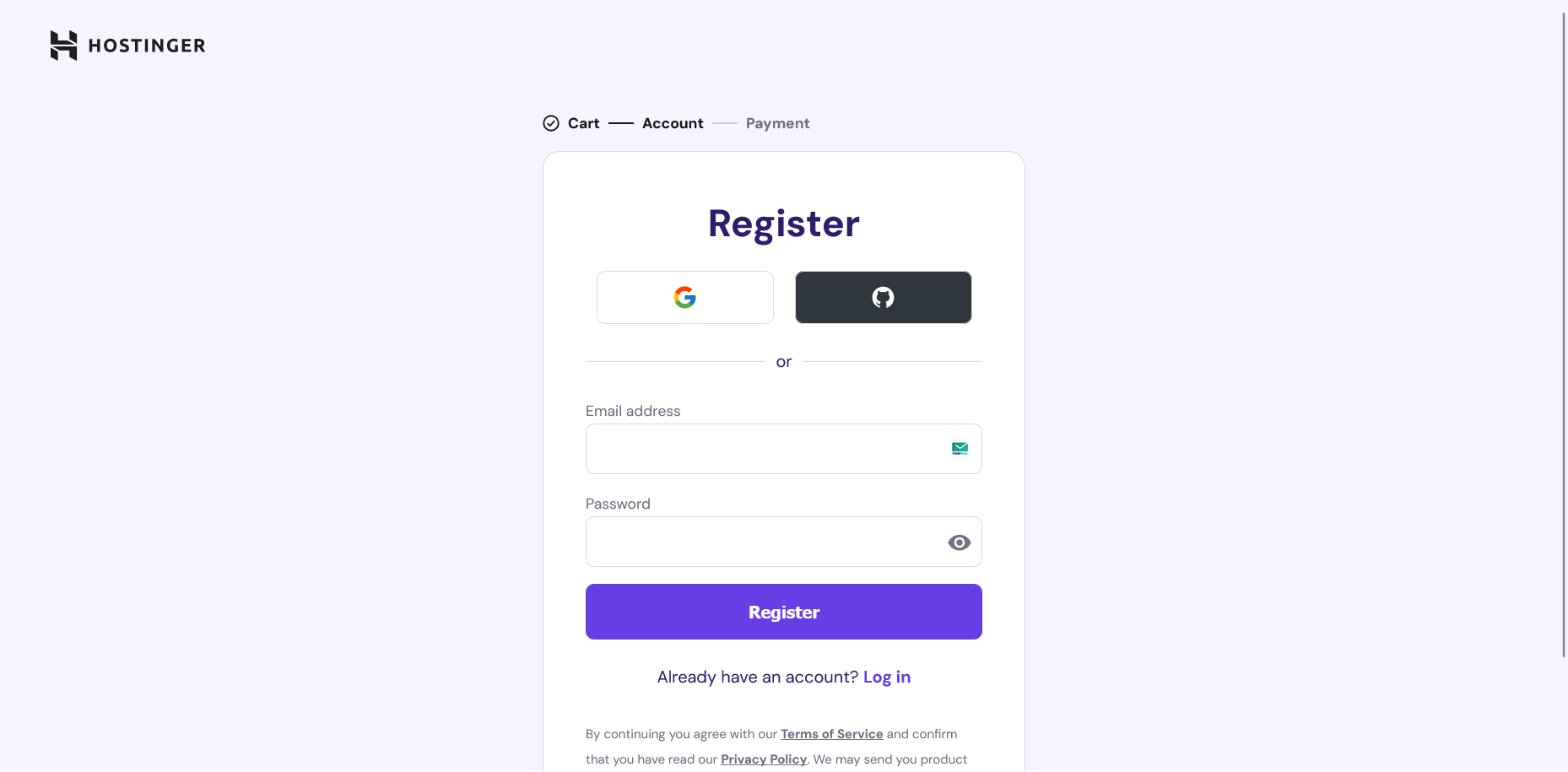 Hostinger obrazac za registraciju naloga tokom VPS kupovine