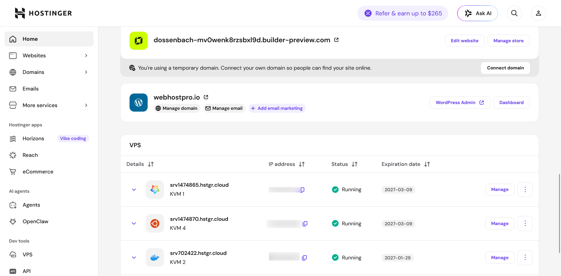 Hostinger hPanel kontrolna tabla sa VPS odeljkom