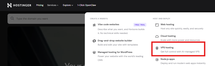 Menu services du site Hostinger montrant l’option VPS plan