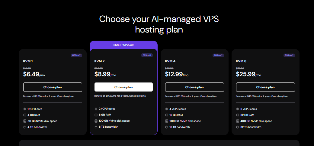 Page de comparaison des plans VPS Hostinger avec les tarifs de KVM 1 KVM 2 KVM 4 et KVM 8