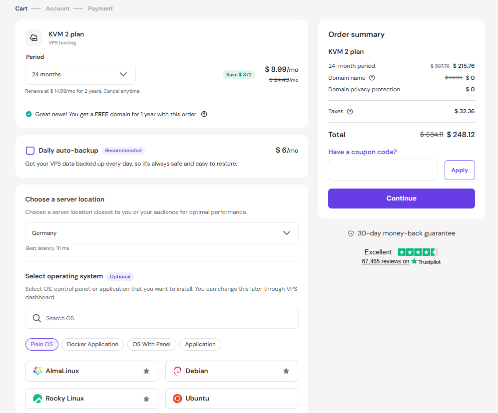Page de Hostinger VPS avec bouton Choose plan et détails du forfait