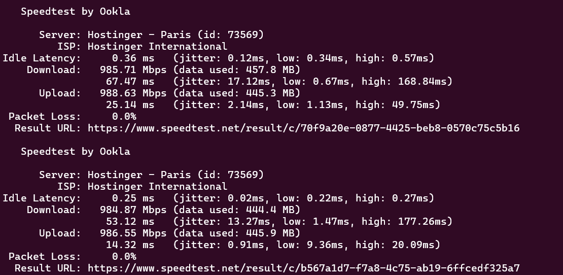 screenshot of Hostinger KVM1 Disk I/O test results