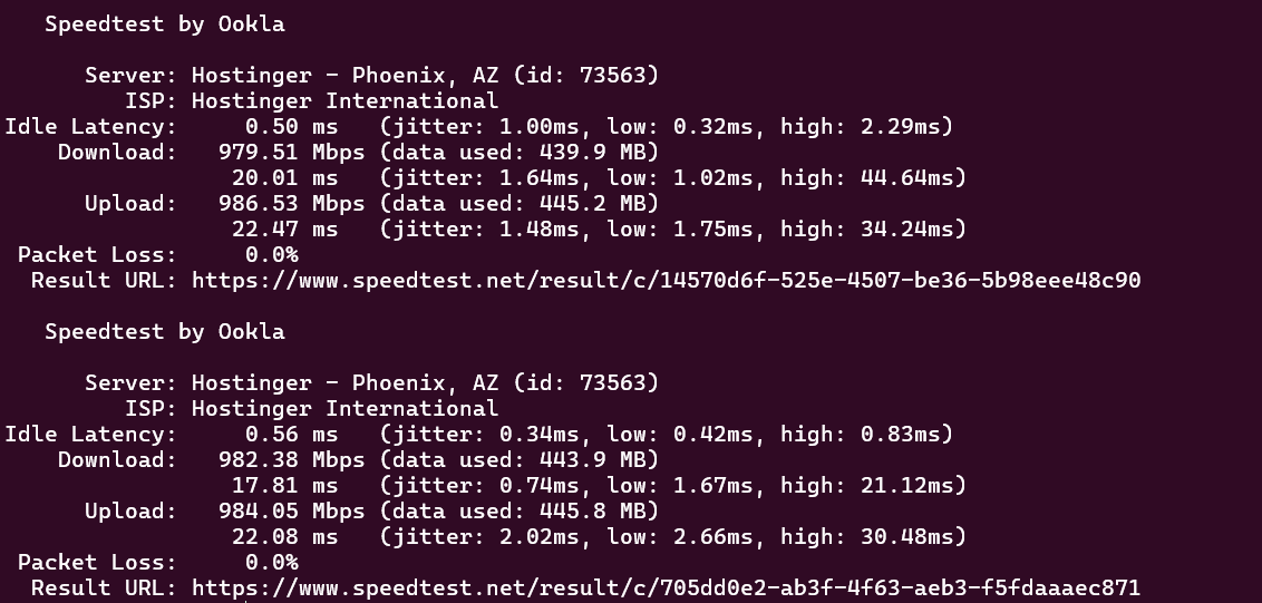 screenshot of Hostinger KVM2 Network Speed test results