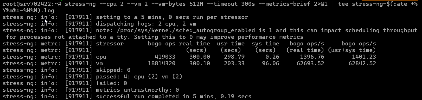 screenshot of Hostinger KVM2 Stress Speed test results