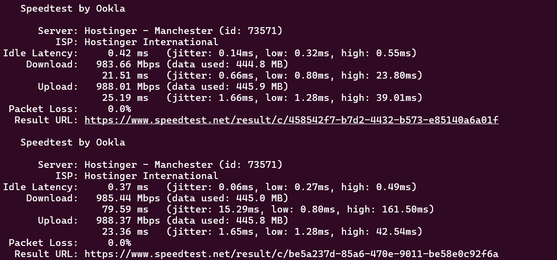 screenshot of Hostinger KVM4 Network Speed test results