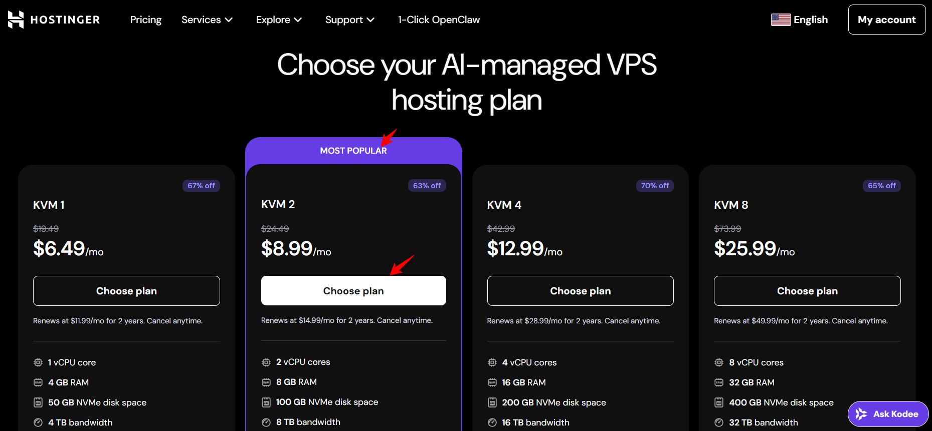 screenshot of Hostinger VPS plans