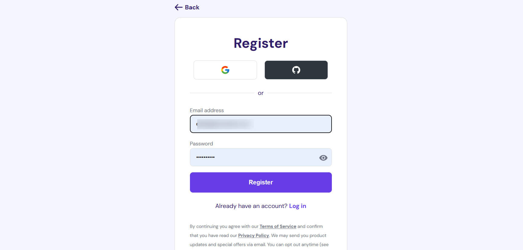 screenshot of Hostinger Sign Up page