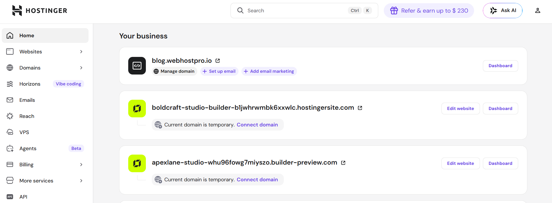 screenshot of Hostinger dashboard