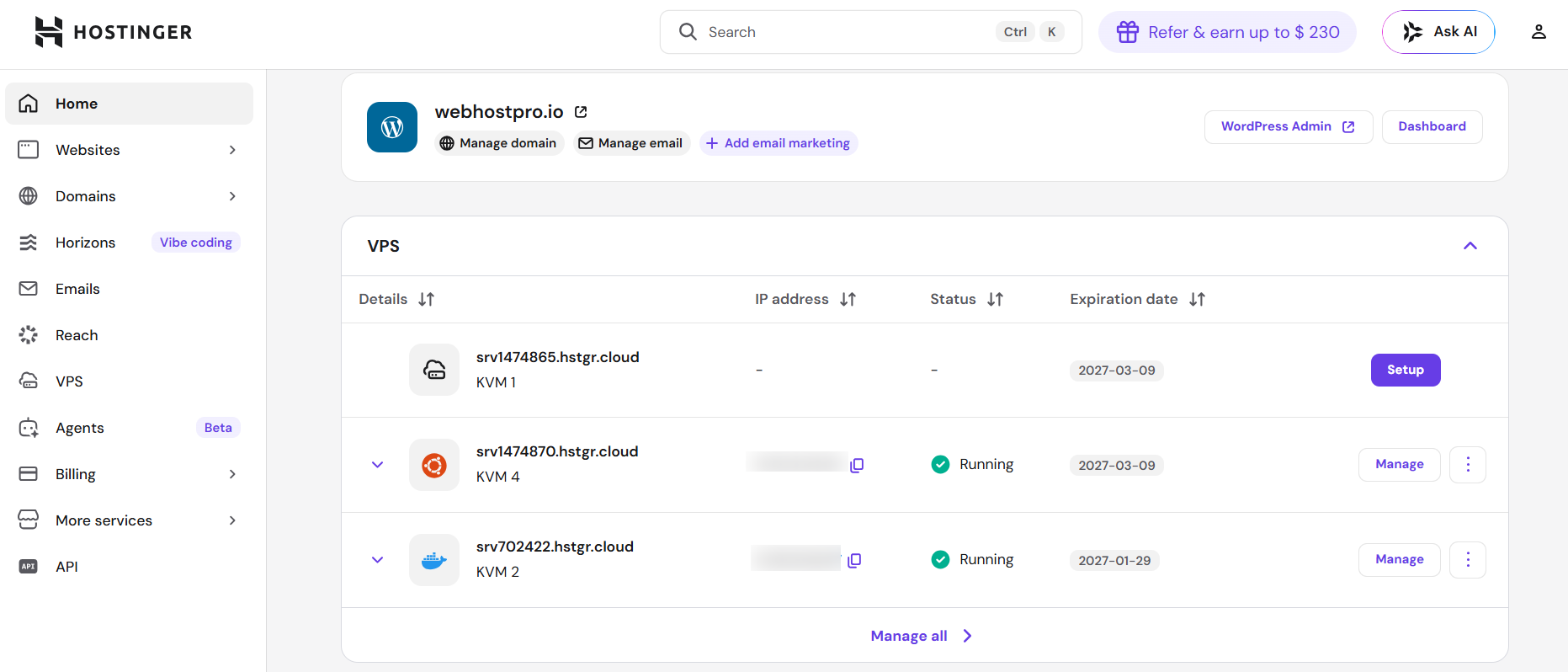 screenshot of Hostinger dashboard overview