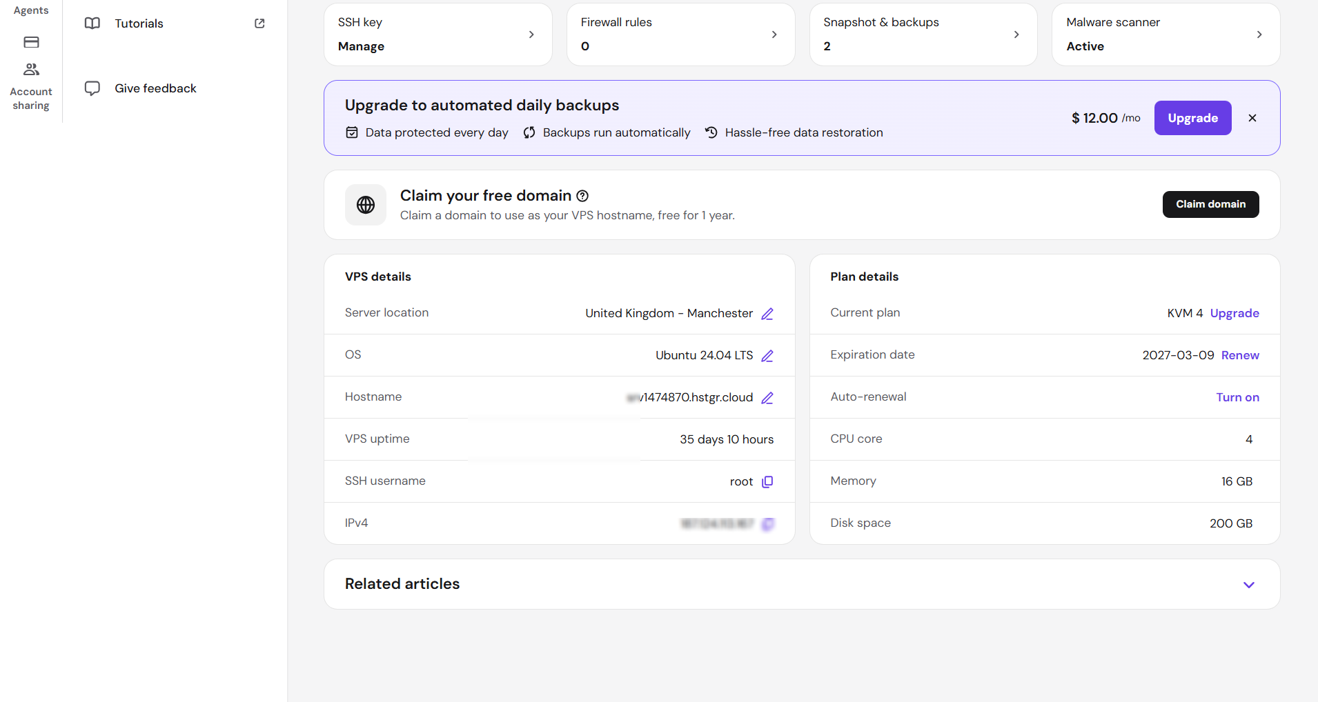screenshot of Hostinger server info