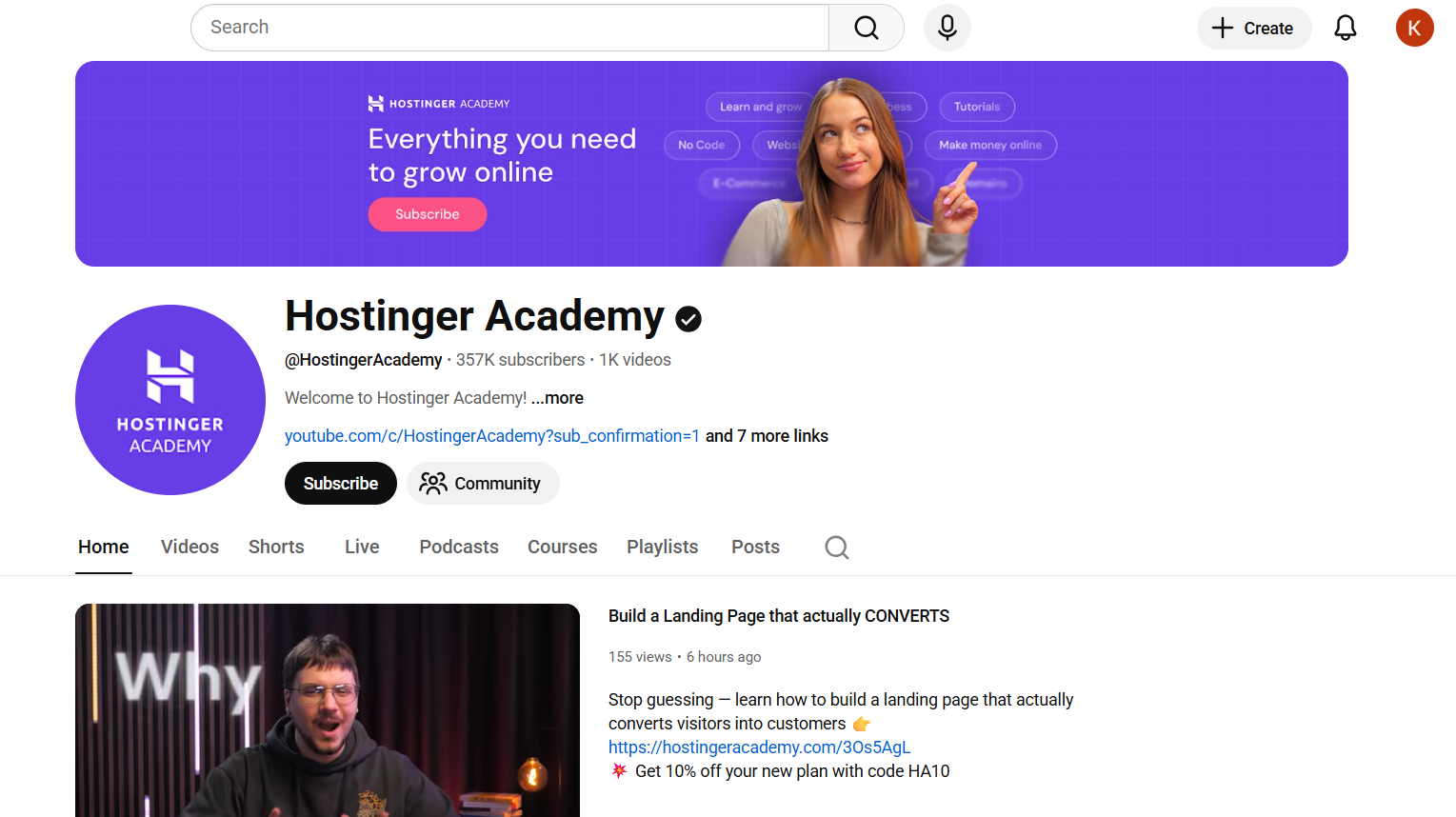 screenshot of Hostinger Academy Youtube channel