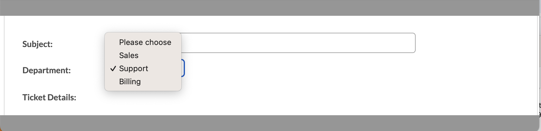 HostPapa support ticket department selection options