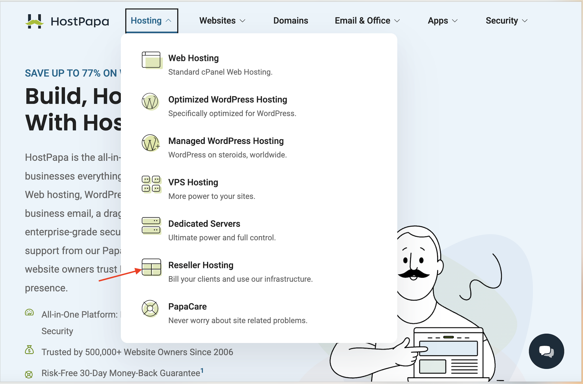 HostPapa website Reseller Hosting menu option
