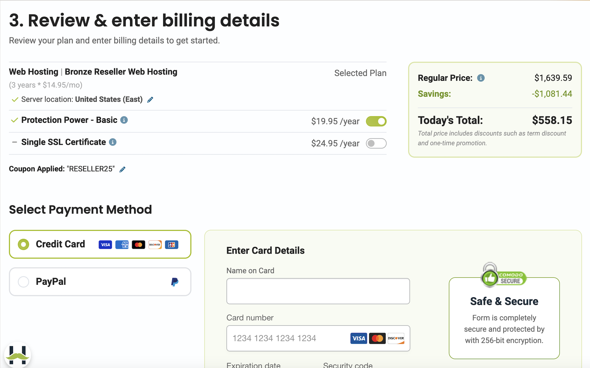 HostPapa reseller hosting payment options PayPal and credit card