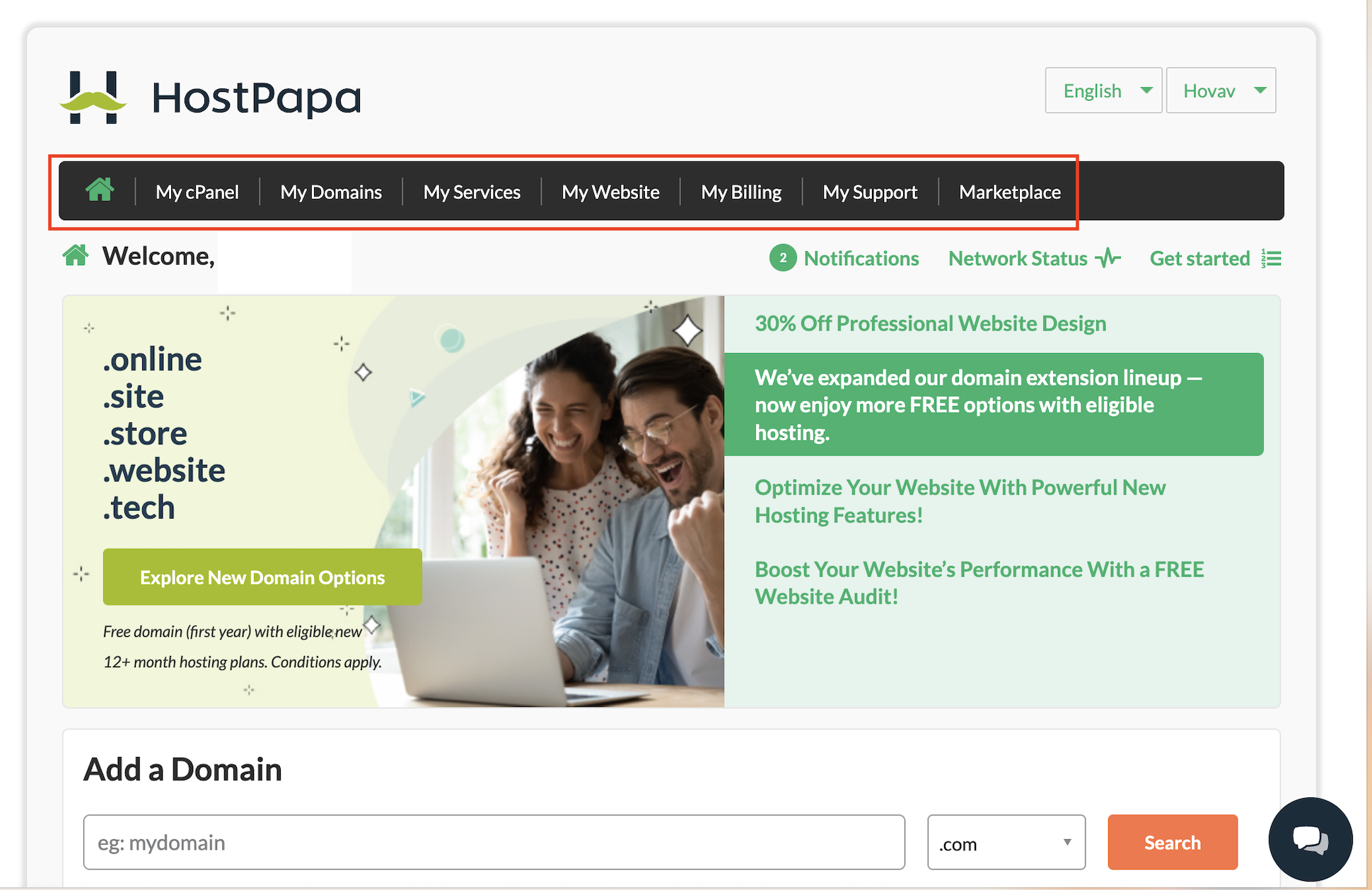 HostPapa client area dashboard navigation menu