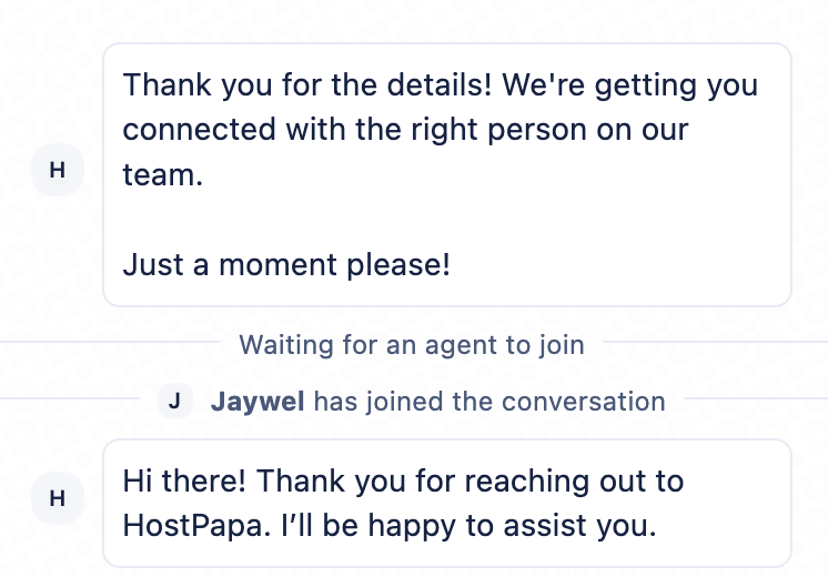 HostPapa live chat bot transfers conversation to support agent