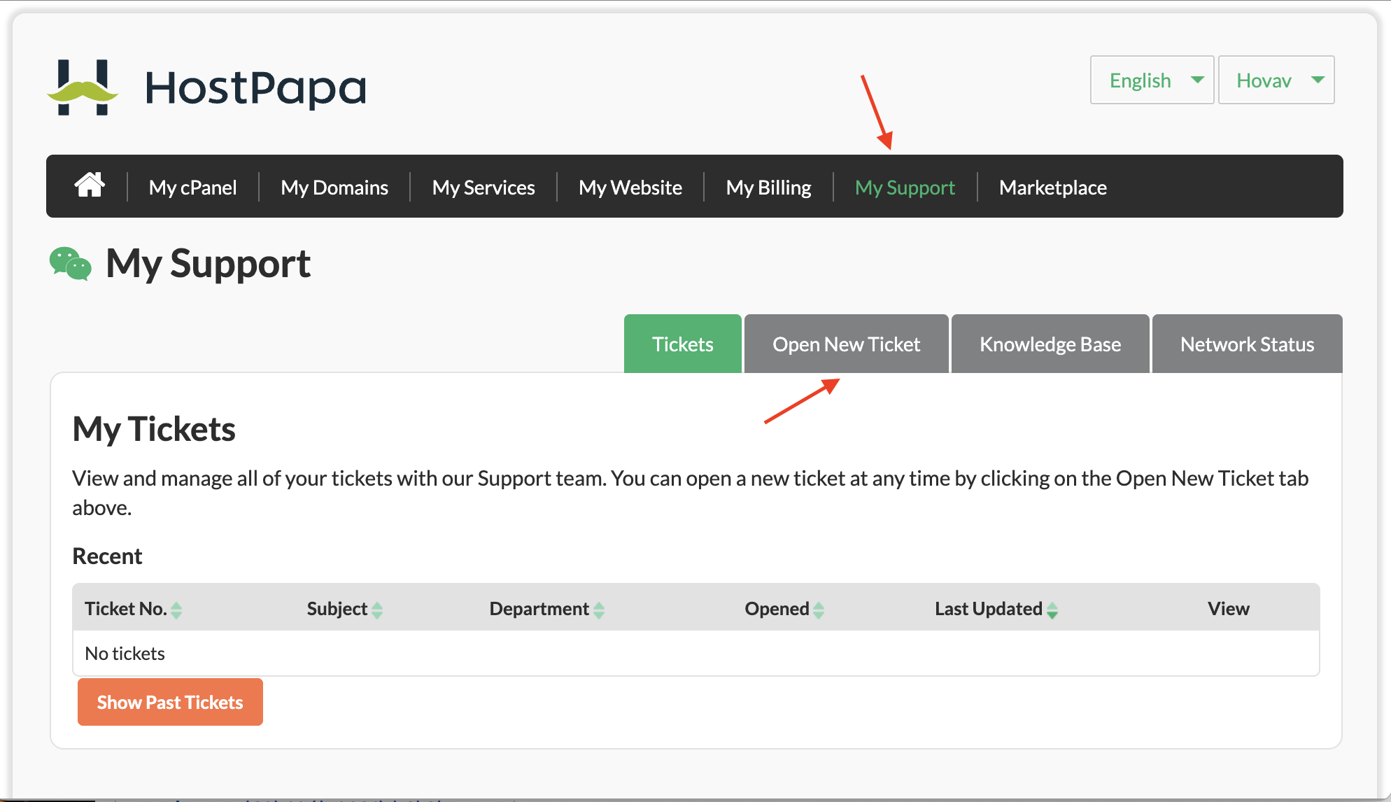 HostPapa client area Open New Ticket option