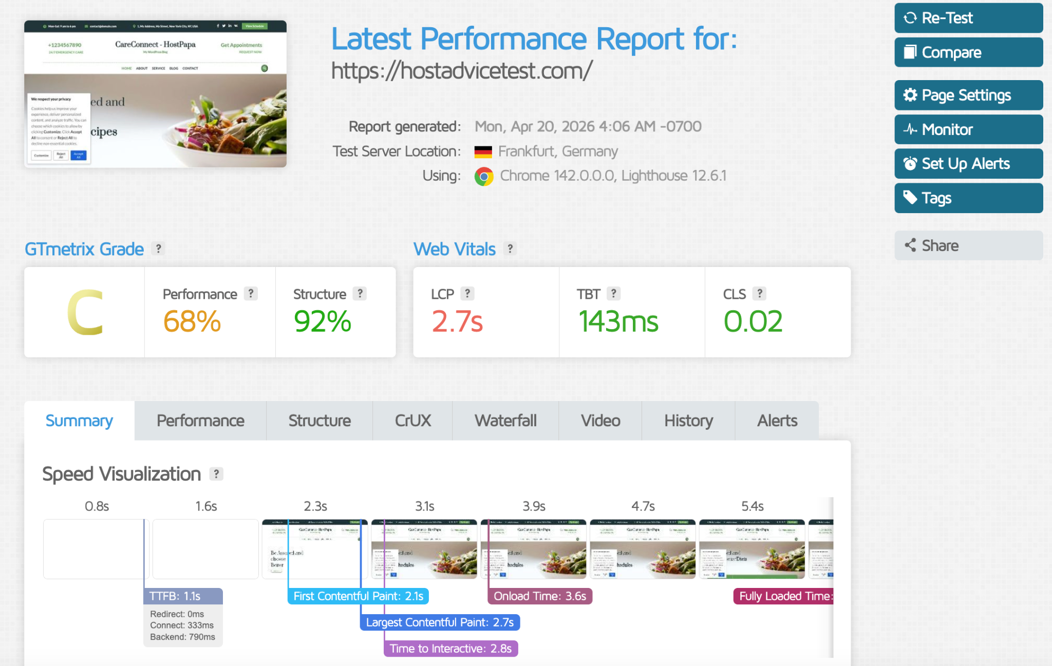 GTmetrix performance results for HostPapa WordPress Hosting