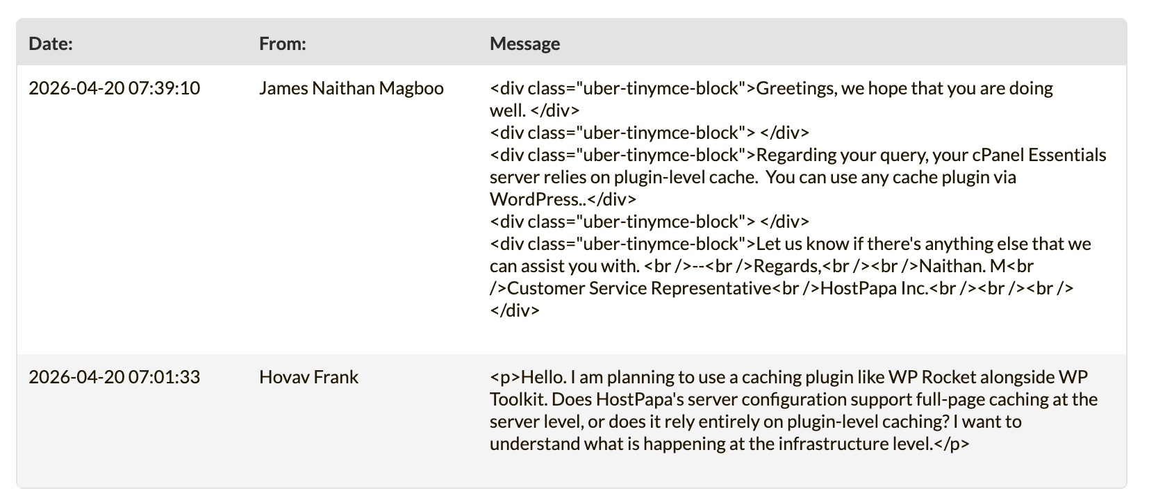 HostPapa support ticket response about plugin-level caching