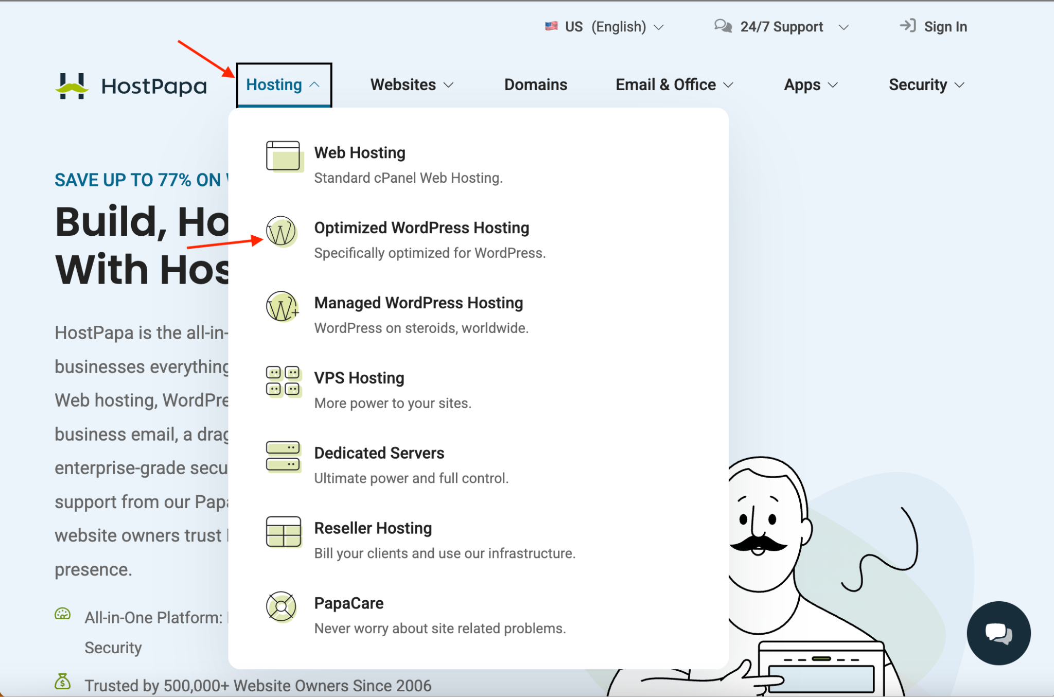 HostPapa Optimized WordPress Hosting menu navigation