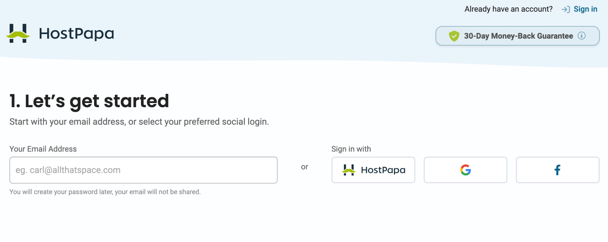HostPapa account signup email screen