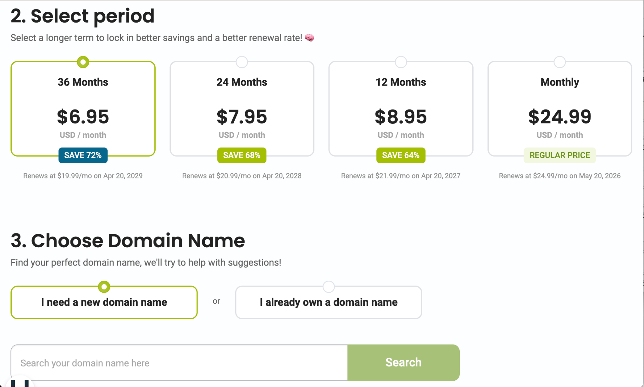 HostPapa billing period and existing domain selection