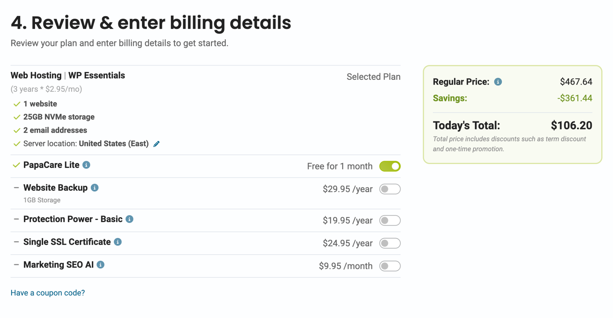 HostPapa plan features and billing details section